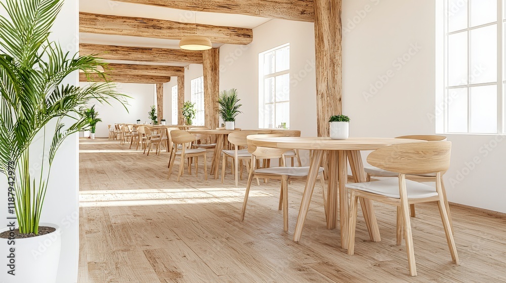 Bright and Modern Dining Space with Wooden Beams and Natural Light Streaming Through Windows