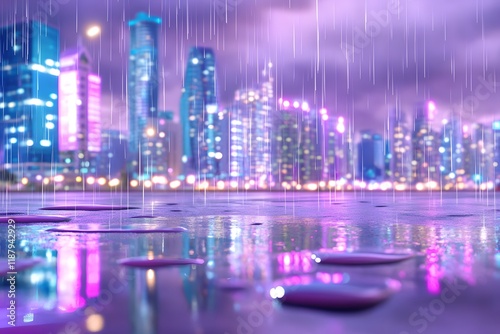 Purple rain, city lights, city skyline, raindrops in the air, purple light rays, purple sky, purple glow