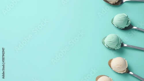 Mint and vanilla ice cream scoops on spoons against a teal background.