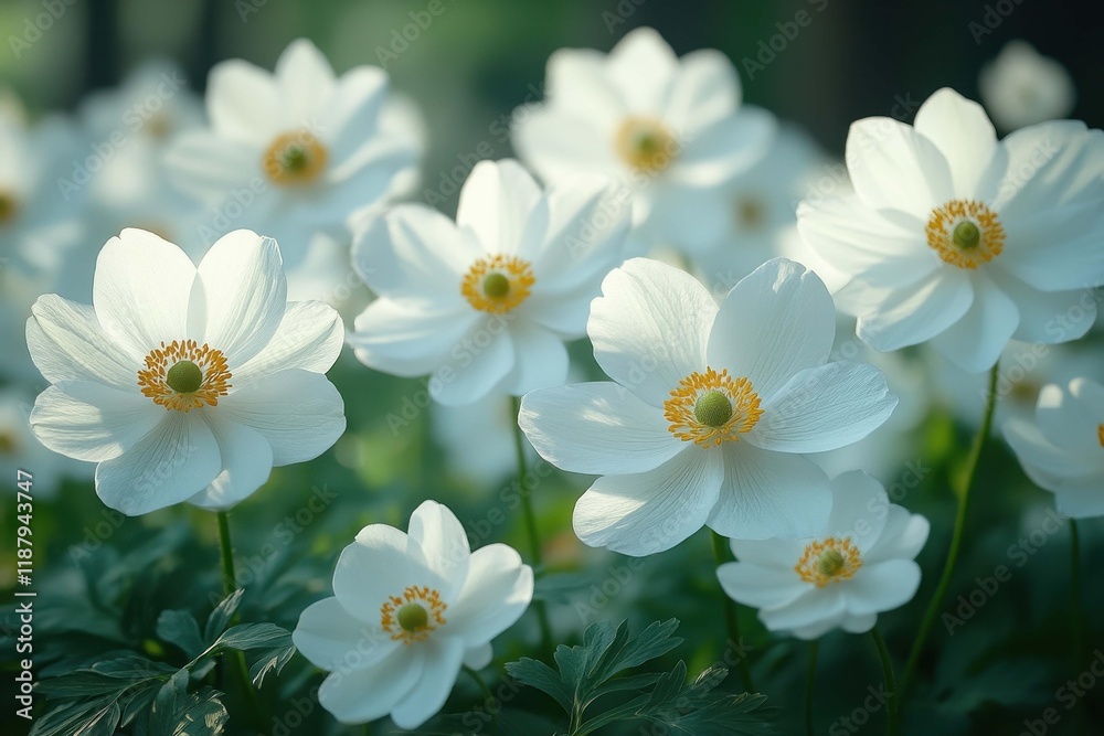 Bright white flowers blooming in a peaceful garden during springtime Bright white flowers blooming in a peaceful garden during springtime
