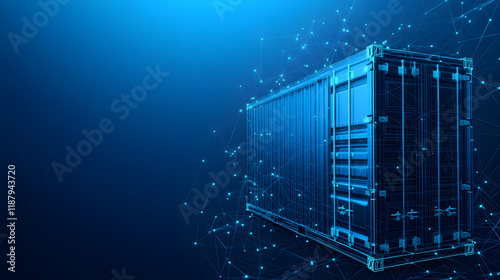 Abstract shipping container on a dark blue background, with low-poly wireframe lines, glowing particles, and copy space for a futuristic, industrial design. photo