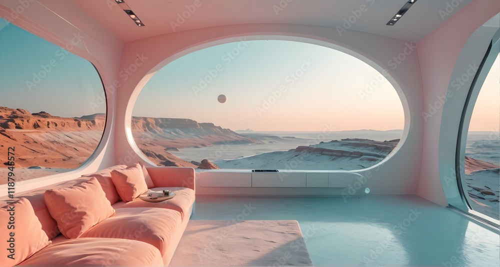 Fototapeta premium A futuristic space-themed room with a pink couch and large windows showing a view of distant mountains and planets