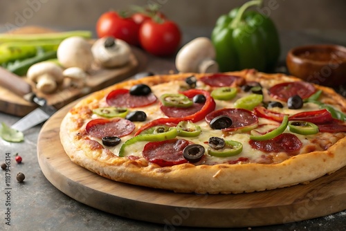 Tasty Italian pizzas with various toppings like salami, tomatoes, olives, and vegetables are delicious baked meals photo