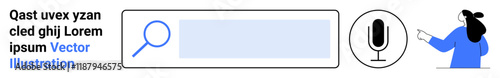 Search bar with magnifying glass icon, microphone symbol for voice search, and person in blue jacket pointing. Ideal for websites, apps, search engines, online tutorials, digital guides, user