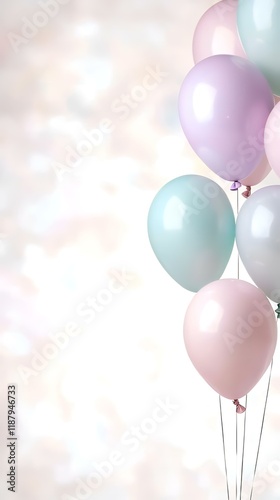 Pastel balloons float against blurred background, perfect for celebration invitations or greeting cards