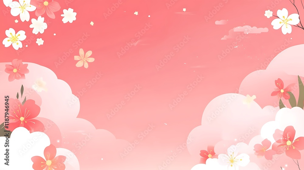 Pink Floral Background With Delicate Blossoms And Clouds Pink Floral Background With Delicate Blossoms And Clouds
