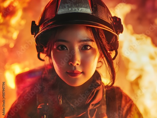 Brave Firefighter: Dramatic Portrait Amidst Fiery Inferno photo