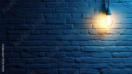Glowing bulb on blue brick wall, night, background texture, design