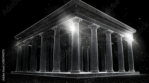 Wireframe Grecian Temple, Night, Stardust Background, Architectural Design