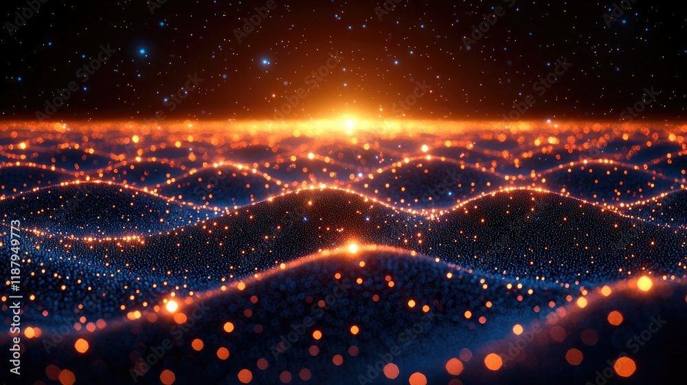 Obraz premium Glowing Particles Form Wavy Landscape Under Starry Sky