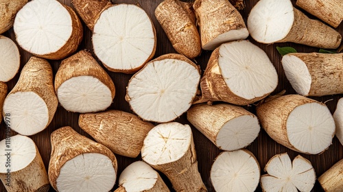Fresh cassava roots cut in half displaying white starchy flesh