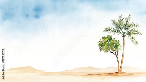 Serene Landscape with Palm Tree and Green Bush Against Soft Cloudy Background in Watercolor Style