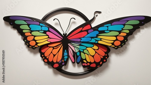 A colorful, rainbow butterfly is displayed against a white wall. The butterfly's black outline and circle make a bold, artful statement.

 photo