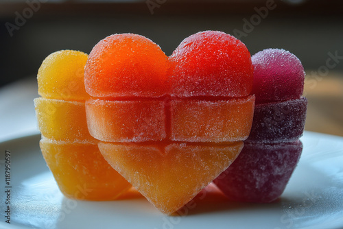 Colorful heart-shaped gelatin desserts on a white plate, showcased in a bright setting photo