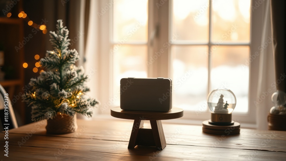 A small fir tree with twinkling lights sits on a wooden table beside a snow globe and a closed box on a wooden pedestal, all bathed in the warm glow of a nearby window. A small fir tree with twinkling lights sits on a wooden table beside a snow globe and a closed box on a wooden pedestal, all bathed in the warm glow of a nearby window.