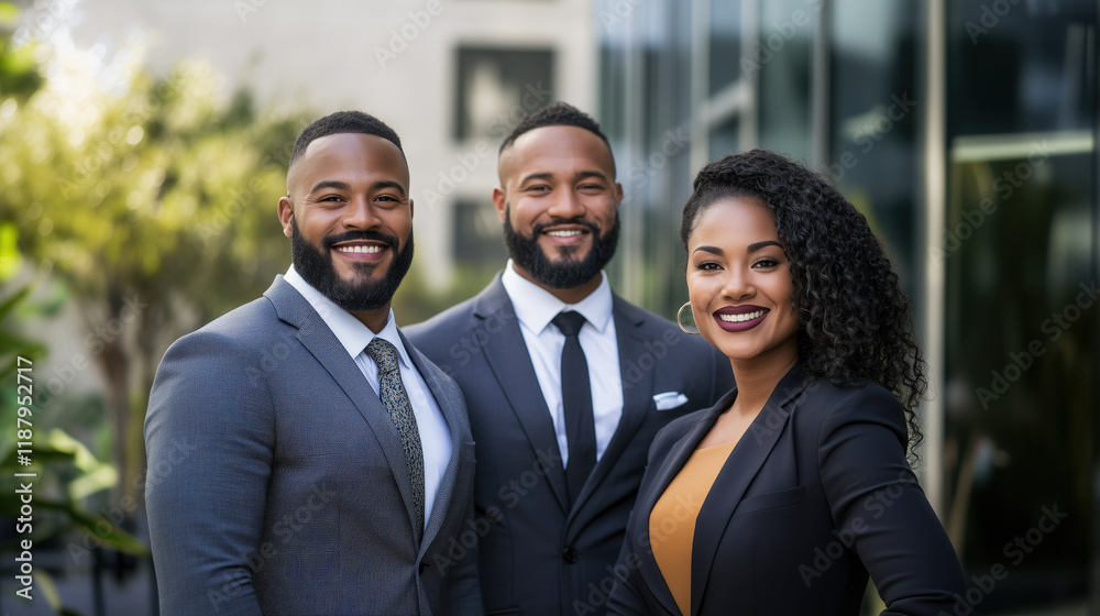 Smiling Coworkers Standing Together at the Entrance of a Modern Corporate Building, Representing Teamwork, Professionalism, and Success Smiling Coworkers Standing Together at the Entrance of a Modern Corporate Building, Representing Teamwork, Professionalism, and Success
