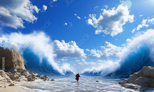 Man walks parted sea; waves crash; sunny sky; faith; religious imagery photo