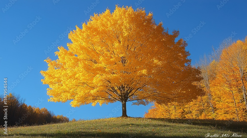 Fototapeta premium Golden Maple Tree Stands Tall In Autumn Landscape