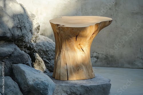 Wooden stand table in the tree on white background photo