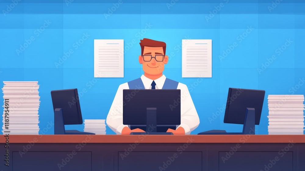 Friendly Office Worker at Desk with Computer and Stacks of Paper Friendly Office Worker at Desk with Computer and Stacks of Paper