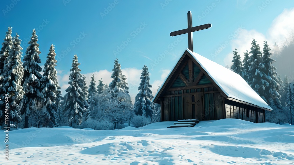 A serene winter scene featuring a quaint wooden church surrounded by snow-covered pine trees under a bright blue sky. A serene winter scene featuring a quaint wooden church surrounded by snow-covered pine trees under a bright blue sky.