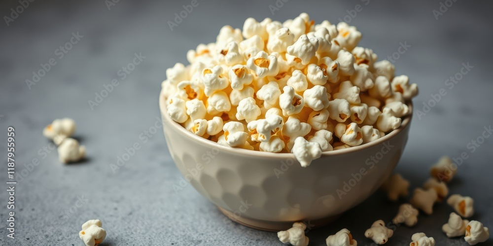 A bowl overflowing with fluffy popcorn, a classic movie night treat, ready to be enjoyed. A bowl overflowing with fluffy popcorn, a classic movie night treat, ready to be enjoyed.