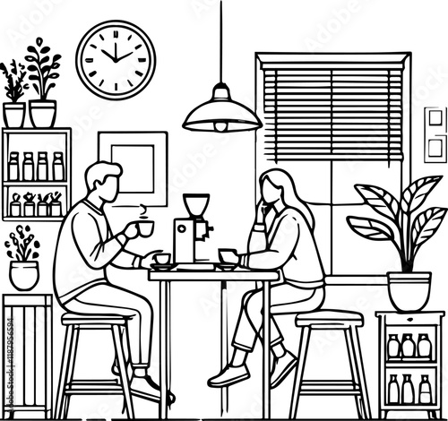 interior and mood for coffee shop line art