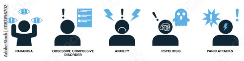 psychology Icon Set Paranoia, OCD, Anxiety, Psychosis, and Panic Attacks. Mental Health Awareness Vector Illustration Minimalist Design Representing Psychological Disorders and Emotional States.