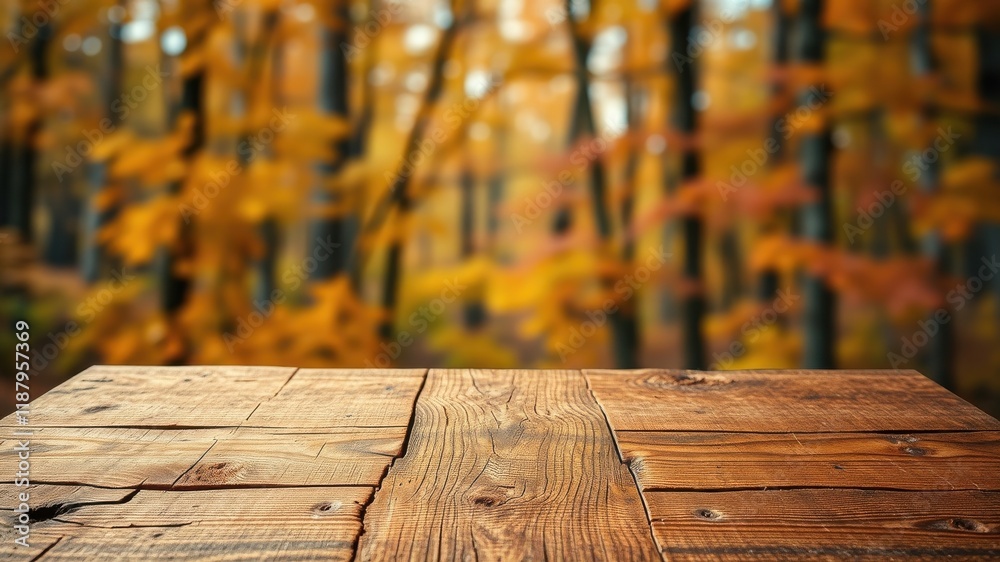 Fototapeta premium Rustic wooden table top with a blurred background of autumnal foliage, featuring warm colors and natural textures
