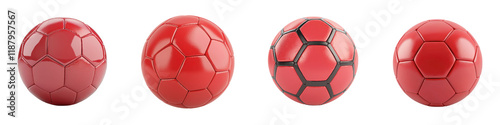 Collection of red soccer balls or footballs arranged in a row on a plain white background  Concept of sport equipment team play competitive games and recreational activities