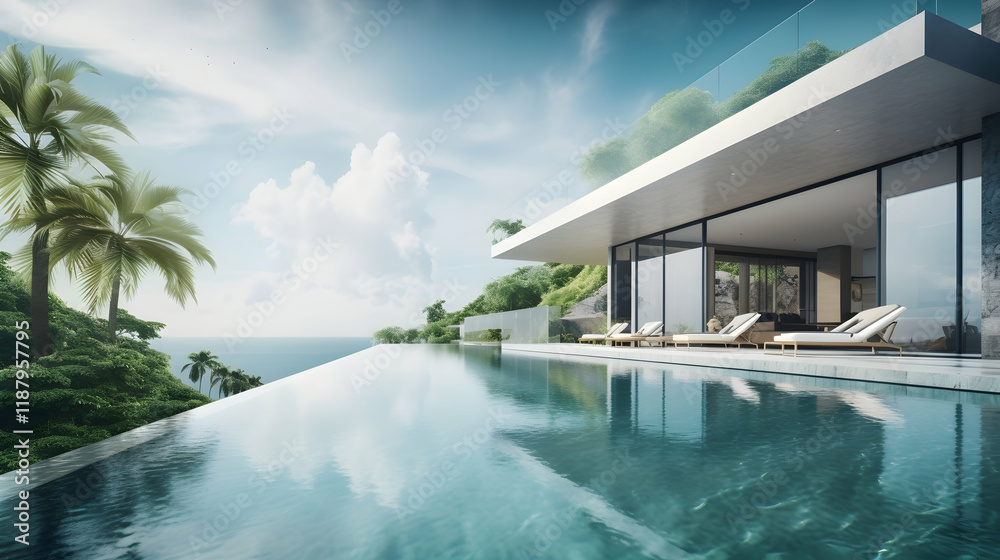 Fototapeta premium Modern Cliffside Villa with Infinity Pool overlooking Ocean