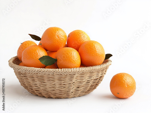 Beautifully displayed basket of oranges on a clean white surface symbolizing healthy snacks organic fruits vitamin C natural nutrition and the vibrant freshness of tropical citrus produce