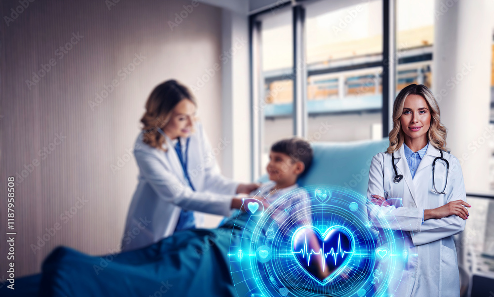 Obraz premium A young boy lies in a hospital bed, a female doctor gently checking his abdomen. He appears comfortable and she is reassuring. The room is bright and modern.