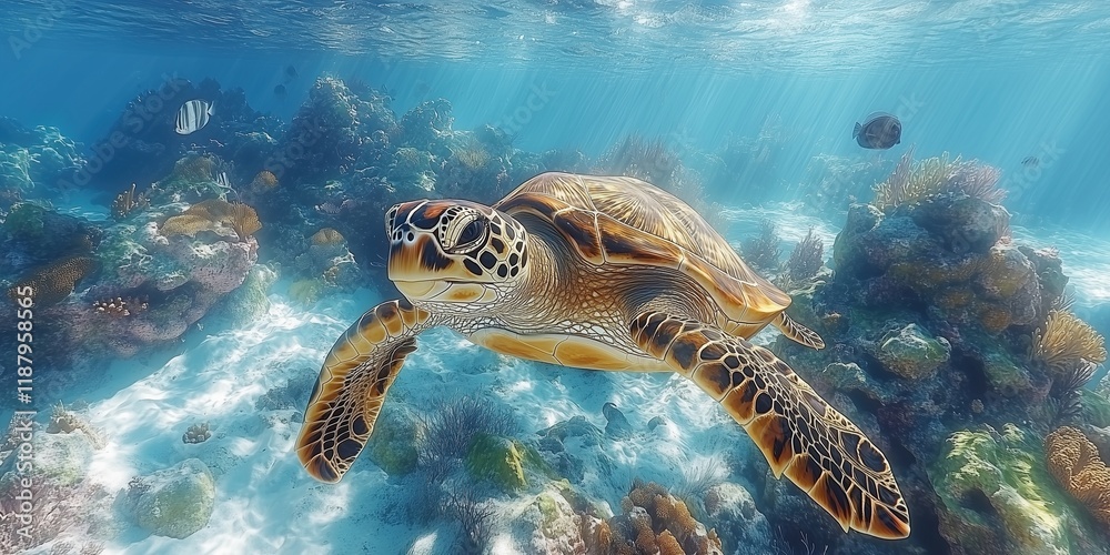 Obraz premium A picture of a sea turtle swimming in the coral reef sea