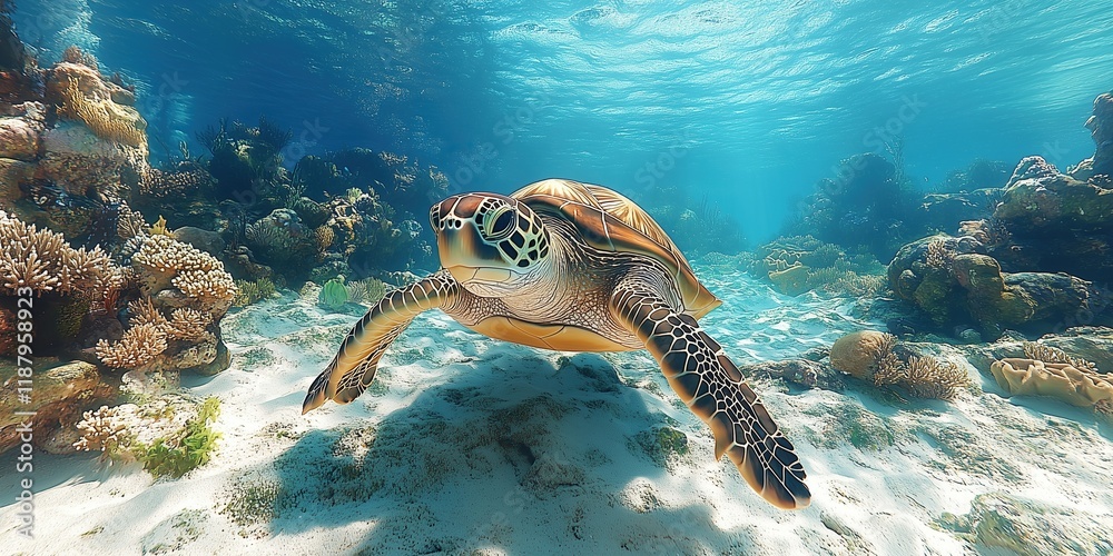 Fototapeta premium A picture of a sea turtle swimming in the coral reef sea