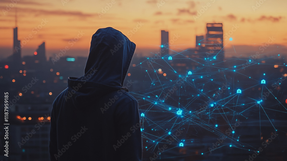 Hacker are planning to hack and attack networks and cyber security systems. Smart digital city with connection cyber security network reciprocity over the cityscape . Hacker are planning to hack and attack networks and cyber security systems. Smart digital city with connection cyber security network reciprocity over the cityscape .