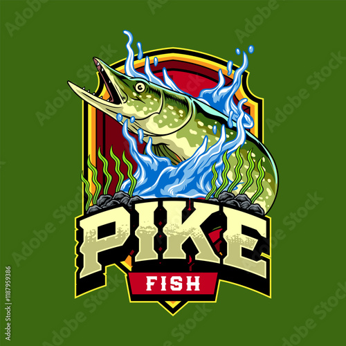 Northern Pike Fish Logo Badge in Colorful Vector Cartoon Illustration for sticker emblem t-shirt banner invitation