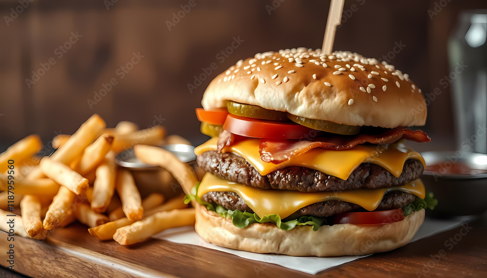 A close look of hamburger with french fries on wooden table A close look of hamburger with french fries on wooden table