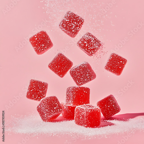 Delicious red gummy candies falling on pink background, creating playful and vibrant scene. sugary texture adds delightful touch to this sweet treat