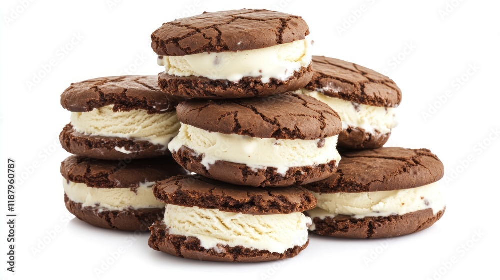 Stack of chocolate sandwich cookies with vanilla ice cream filling on white background. Stack of chocolate sandwich cookies with vanilla ice cream filling on white background.