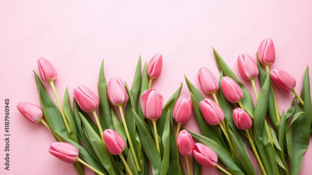 A Bouquet of Delicate Pink Tulips with Green Stems and Leaves Against a Soft Pink Background A Bouquet of Delicate Pink Tulips with Green Stems and Leaves Against a Soft Pink Background