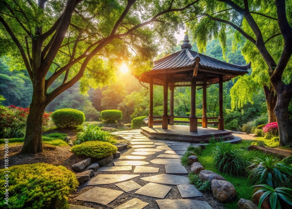 Serene Pavilion in Lush Garden: Tranquil Escape with Winding Paths Serene Pavilion in Lush Garden: Tranquil Escape with Winding Paths