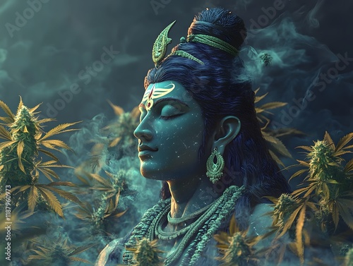 Serene Shiva: A Mystical Portrait Amidst Cannabis