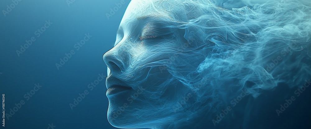 Serene face enveloped in ethereal blue smoke. Serene face enveloped in ethereal blue smoke.