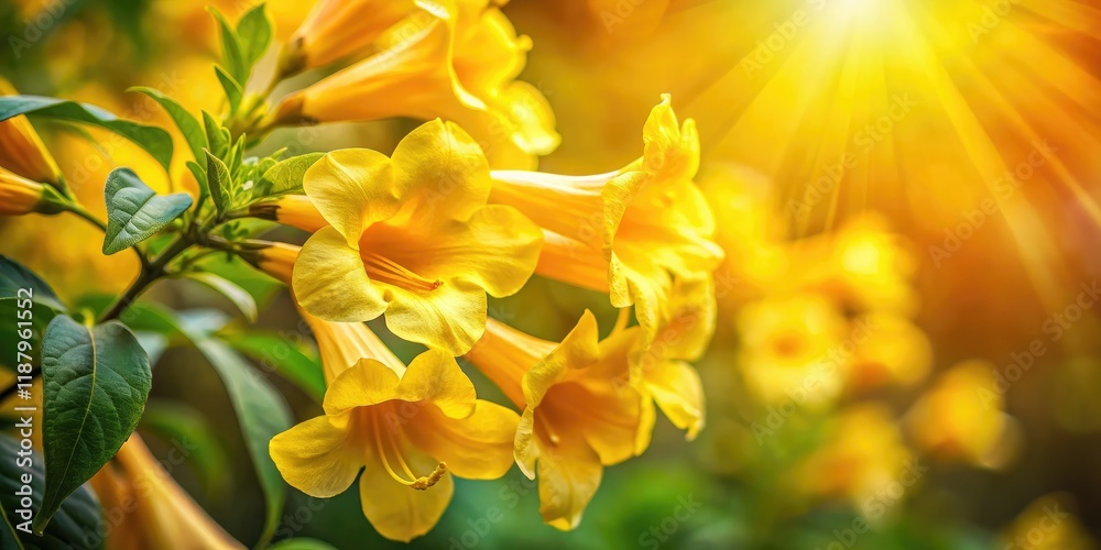 Fototapeta premium Golden trumpet flower explodes in a long exposure macro, showcasing nature's golden brilliance.