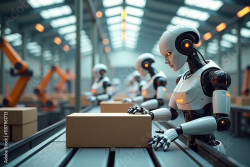 Wallpaper Mural A team of advanced humanoid robots efficiently packing boxes on a high-tech assembly line in a modern factory. Perfect for concepts of robotics, automation, AI, and future industrial processes. Torontodigital.ca