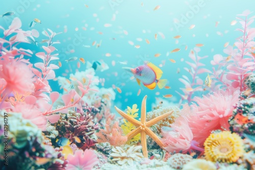 Serene underwater world with colorful fish, corals, and starfish