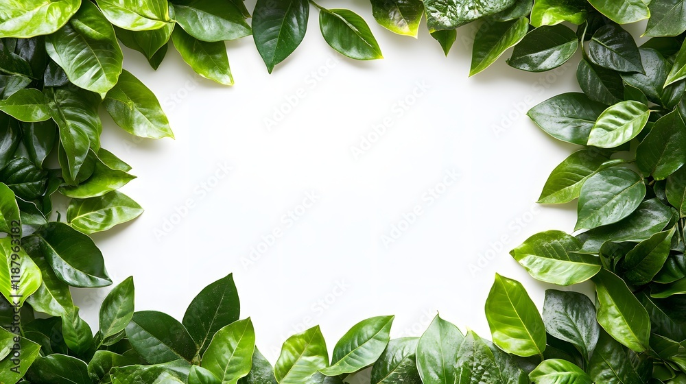 Fototapeta premium Lush Green Leaves Frame White Background