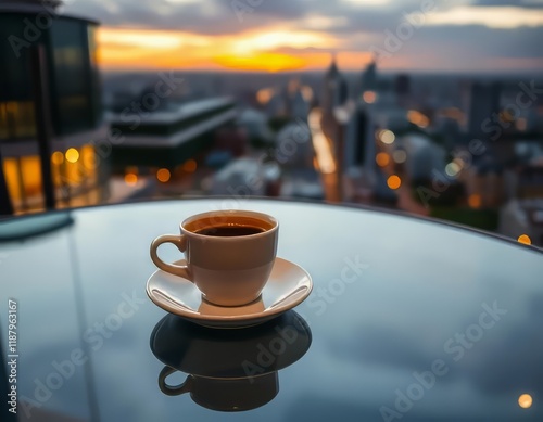 A cup of coffee sits on a glass table overlooking a city at sunset. photo