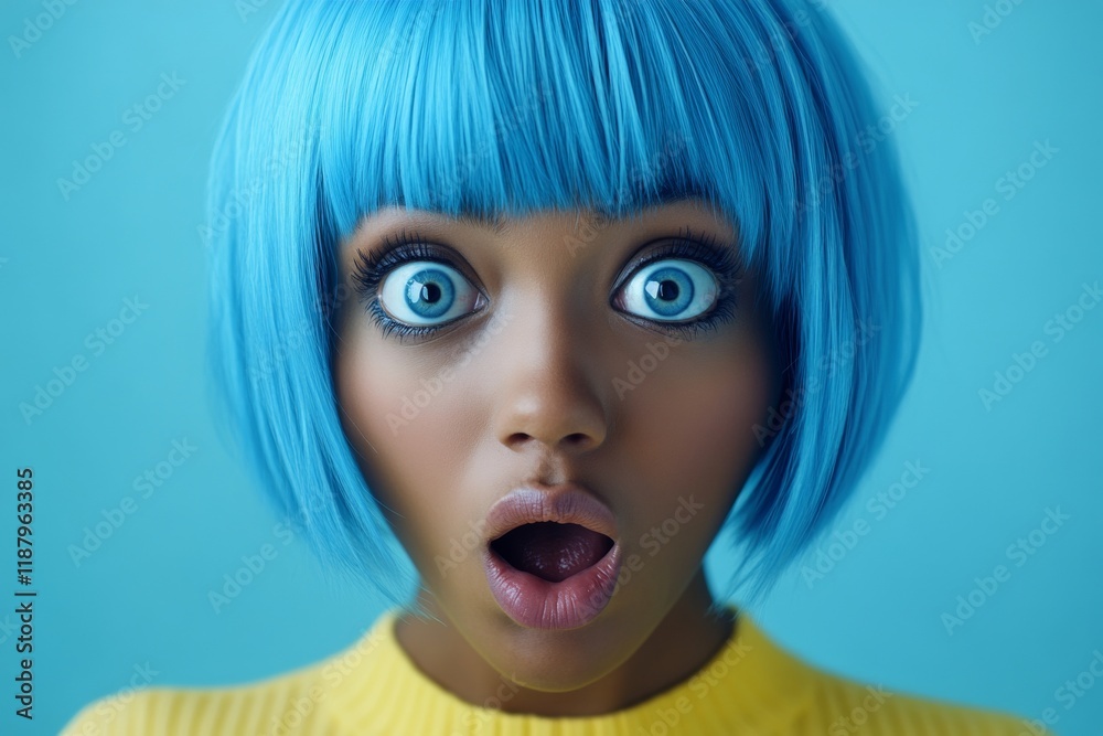 Attractive very astounded black girl - for ads, advertisement and web use. Short hairdo - blue hair. Commercial ad campaign conceptual art. African portrait trends. Artistic black trends. Attractive very astounded black girl - for ads, advertisement and web use. Short hairdo - blue hair. Commercial ad campaign conceptual art. African portrait trends. Artistic black trends.